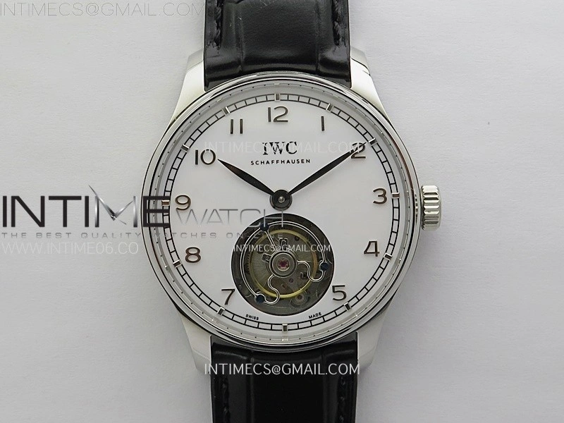 Portuguese Tourbillon SS AXF White Dial Sliver Numbers on Black Leather Strap