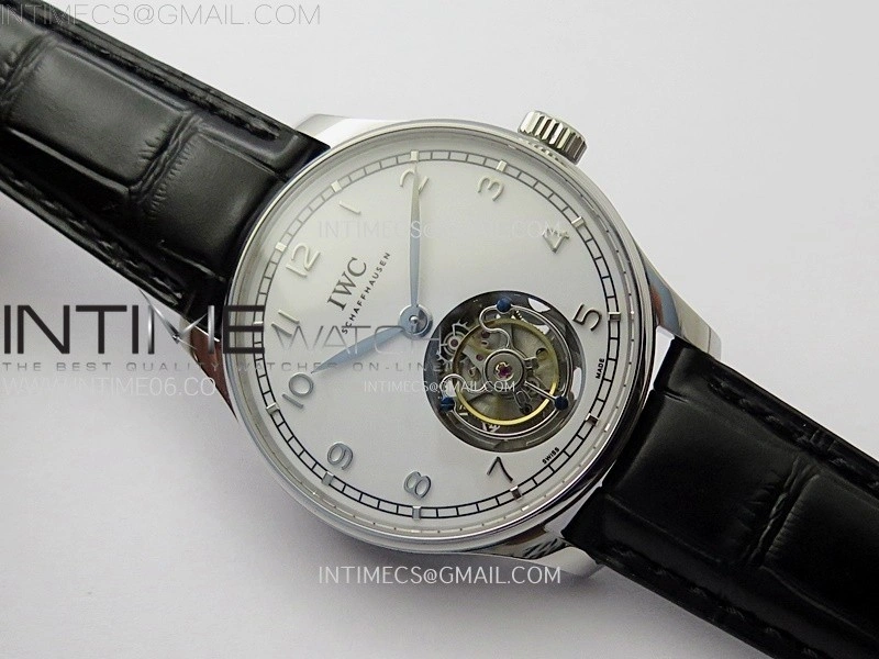 Portuguese Tourbillon SS AXF White Dial Sliver Numbers on Black Leather Strap