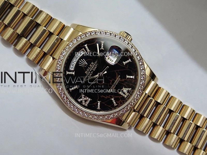 Day Date 128345 RG Gain Weight KF 1:1 Black Dial Roman Diamond Marker On President Bracelet A2836