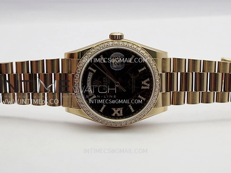 Day Date 128345 RG Gain Weight KF 1:1 Black Dial Roman Diamond Marker On President Bracelet A2836