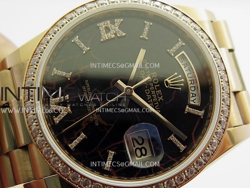 Day Date 128345 RG Gain Weight KF 1:1 Black Dial Roman Diamond Marker On President Bracelet A2836