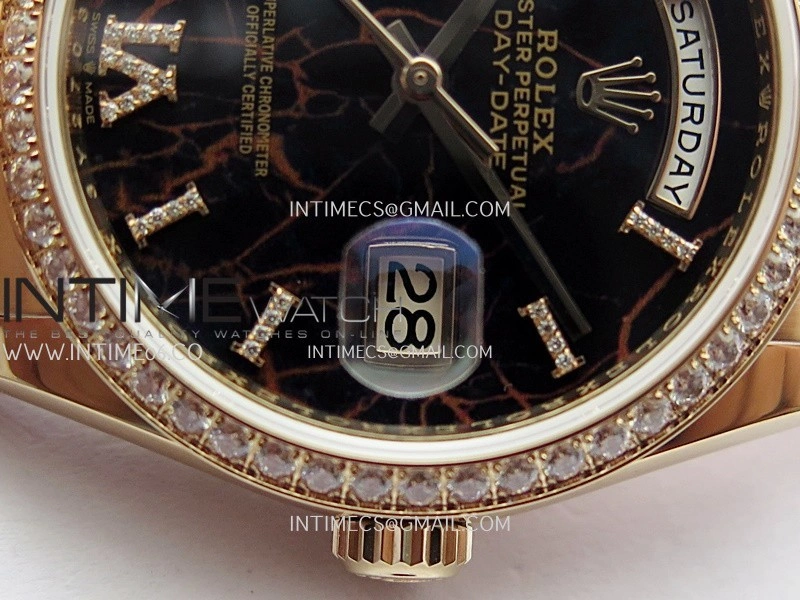 Day Date 128345 RG Gain Weight KF 1:1 Black Dial Roman Diamond Marker On President Bracelet A2836