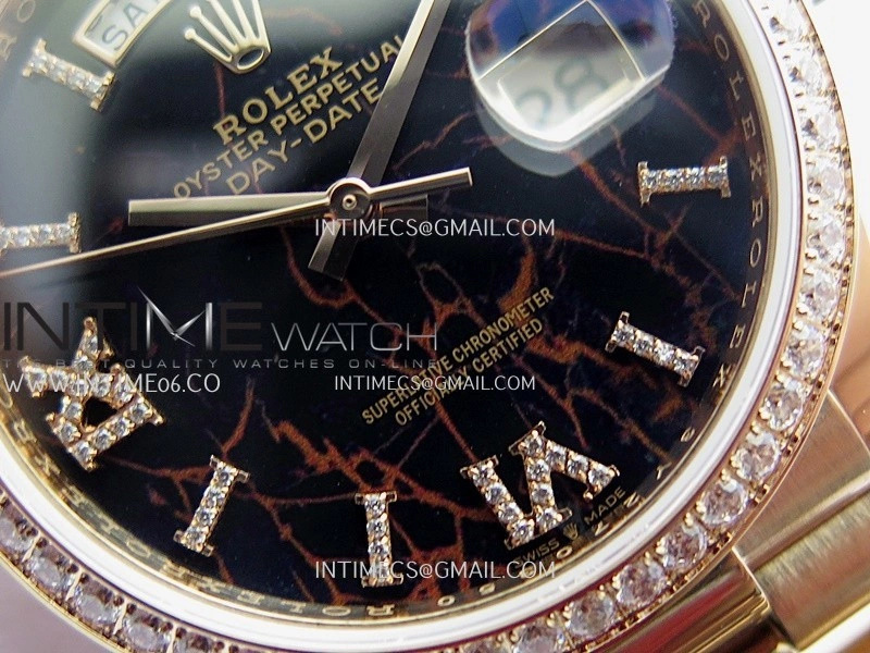 Day Date 128345 RG Gain Weight KF 1:1 Black Dial Roman Diamond Marker On President Bracelet A2836