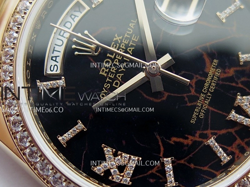 Day Date 128345 RG Gain Weight KF 1:1 Black Dial Roman Diamond Marker On President Bracelet A2836