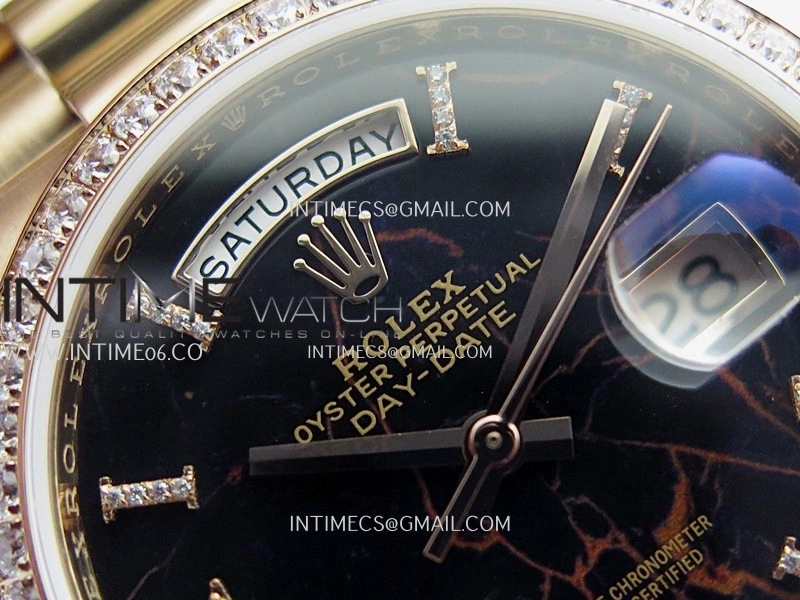 Day Date 128345 RG Gain Weight KF 1:1 Black Dial Roman Diamond Marker On President Bracelet A2836