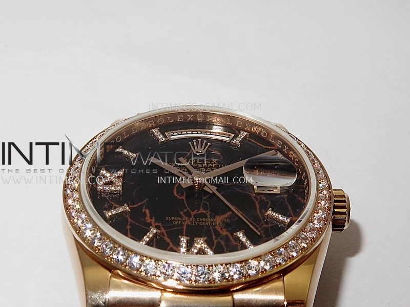 Day Date 128345 RG Gain Weight KF 1:1 Black Dial Roman Diamond Marker On President Bracelet A2836