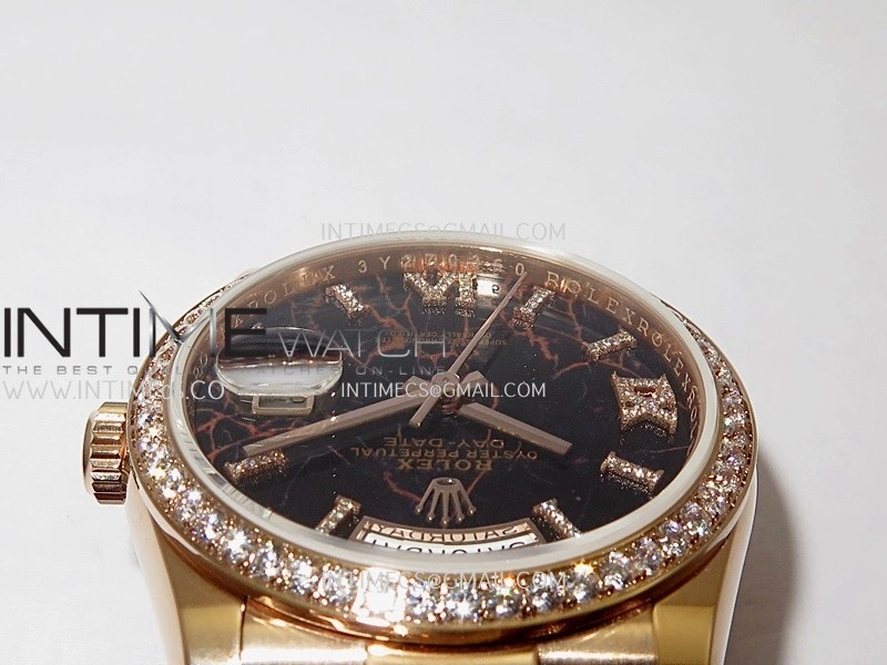 Day Date 128345 RG Gain Weight KF 1:1 Black Dial Roman Diamond Marker On President Bracelet A2836