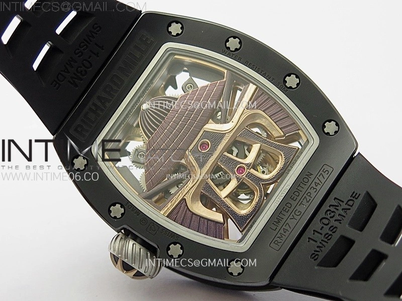 RM047 DLC RG YSF Skeleton Dial on black Rubber Strap Asian Tourbillon