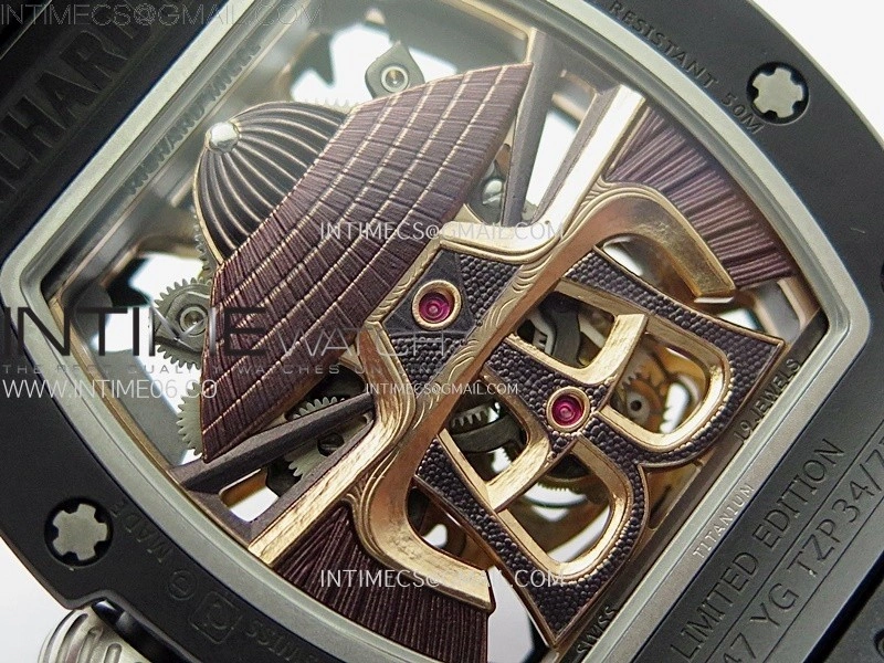 RM047 DLC RG YSF Skeleton Dial on black Rubber Strap Asian Tourbillon