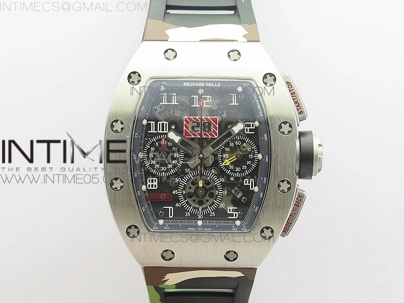 RM11-03 SS KVF 1:1 Best Edition Crystal Skeleton Dial on Camo Rubber Strap A7750