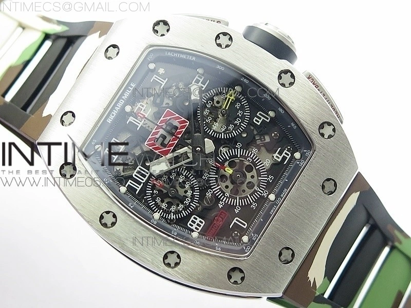 RM11-03 SS KVF 1:1 Best Edition Crystal Skeleton Dial on Camo Rubber Strap A7750