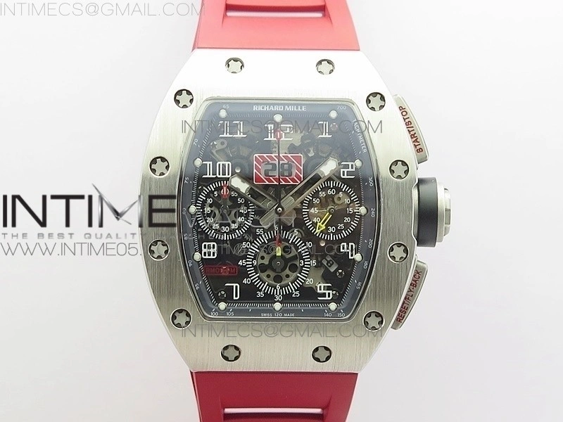 RM11-03 SS KVF 1:1 Best Edition Crystal Skeleton Dial on Red Rubber Strap A7750