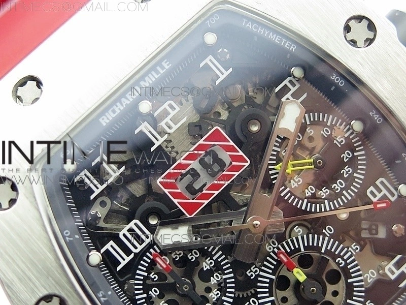 RM11-03 SS KVF 1:1 Best Edition Crystal Skeleton Dial on Red Rubber Strap A7750