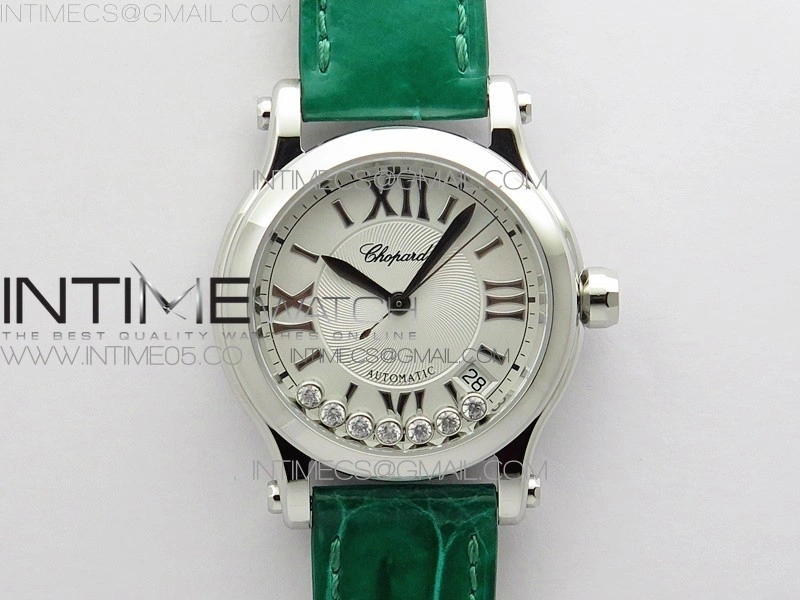 HAPPY SPORT AUTOMATIC SS 36MM YYF 1:1 BEST EDITION WHITE DIAL ON GREEN LEATHER STRAP A2892