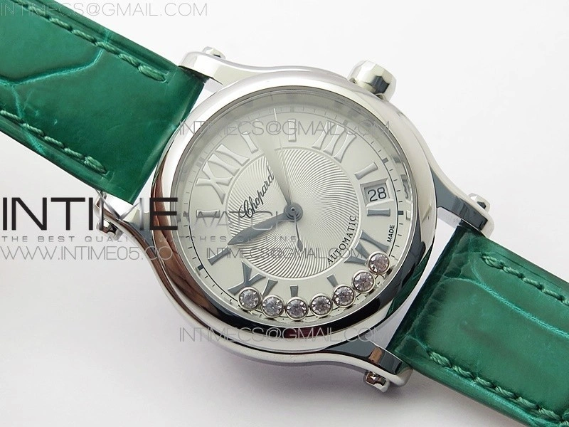 HAPPY SPORT AUTOMATIC SS 36MM YYF 1:1 BEST EDITION WHITE DIAL ON GREEN LEATHER STRAP A2892