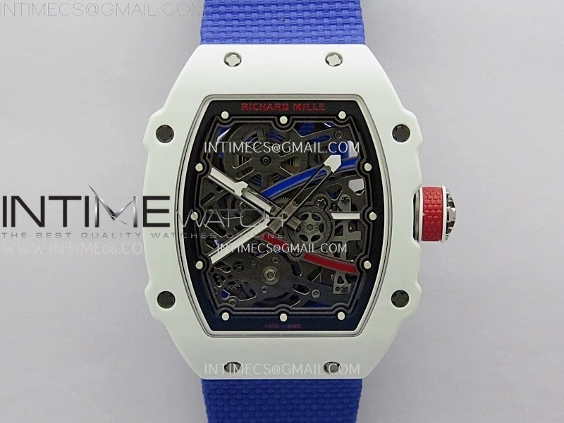 RM67-02 Black Inner Bezel Real White Ceramic 1:1 Best Edition Skeleton Dial On Blue Nylon strap CRMA7 Clone