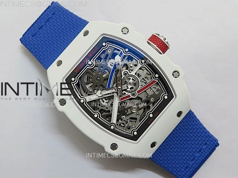 RM67-02 Black Inner Bezel Real White Ceramic 1:1 Best Edition Skeleton Dial On Blue Nylon strap CRMA7 Clone