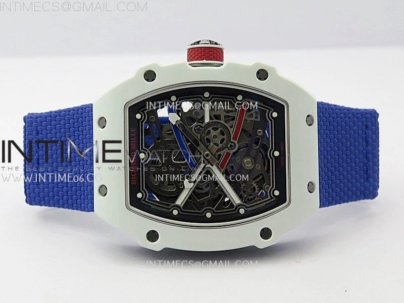 RM67-02 Black Inner Bezel Real White Ceramic 1:1 Best Edition Skeleton Dial On Blue Nylon strap CRMA7 Clone