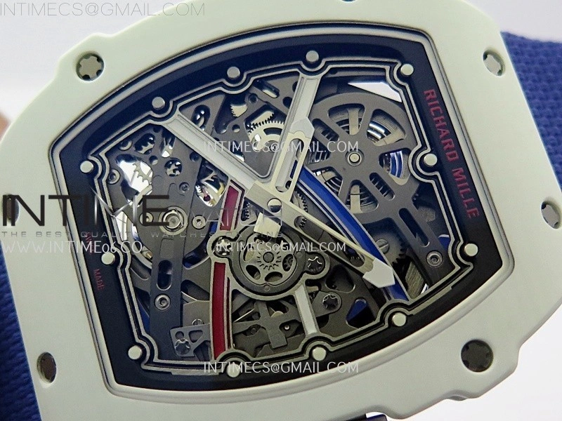 RM67-02 Black Inner Bezel Real White Ceramic 1:1 Best Edition Skeleton Dial On Blue Nylon strap CRMA7 Clone