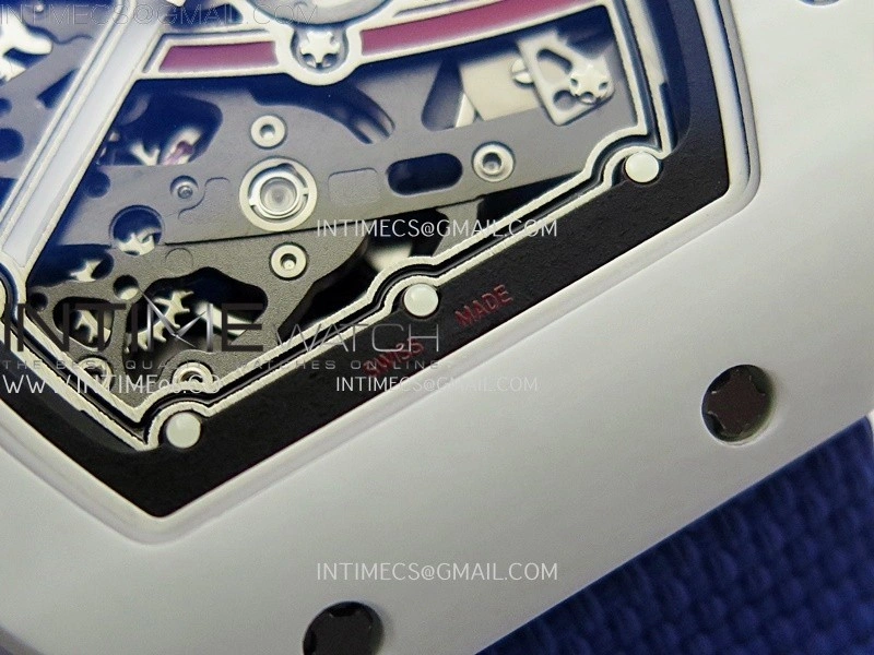 RM67-02 Black Inner Bezel Real White Ceramic 1:1 Best Edition Skeleton Dial On Blue Nylon strap CRMA7 Clone