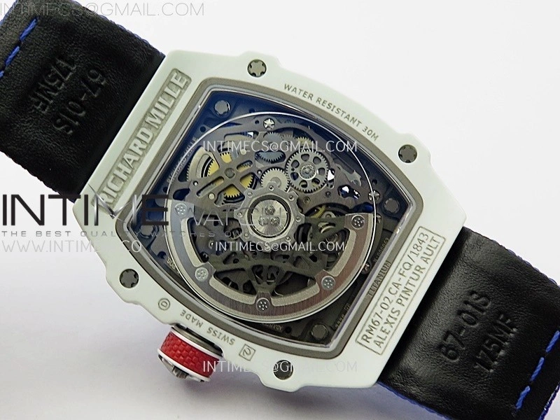 RM67-02 Black Inner Bezel Real White Ceramic 1:1 Best Edition Skeleton Dial On Blue Nylon strap CRMA7 Clone