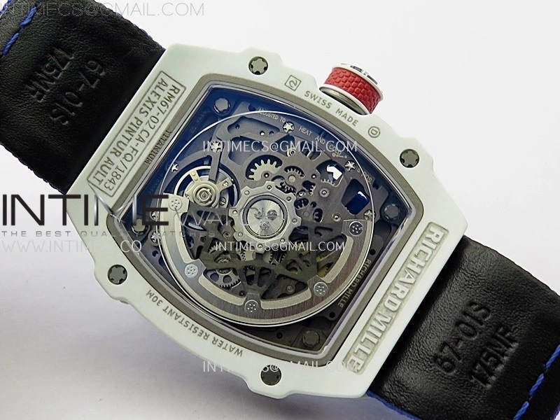 RM67-02 Black Inner Bezel Real White Ceramic 1:1 Best Edition Skeleton Dial On Blue Nylon strap CRMA7 Clone