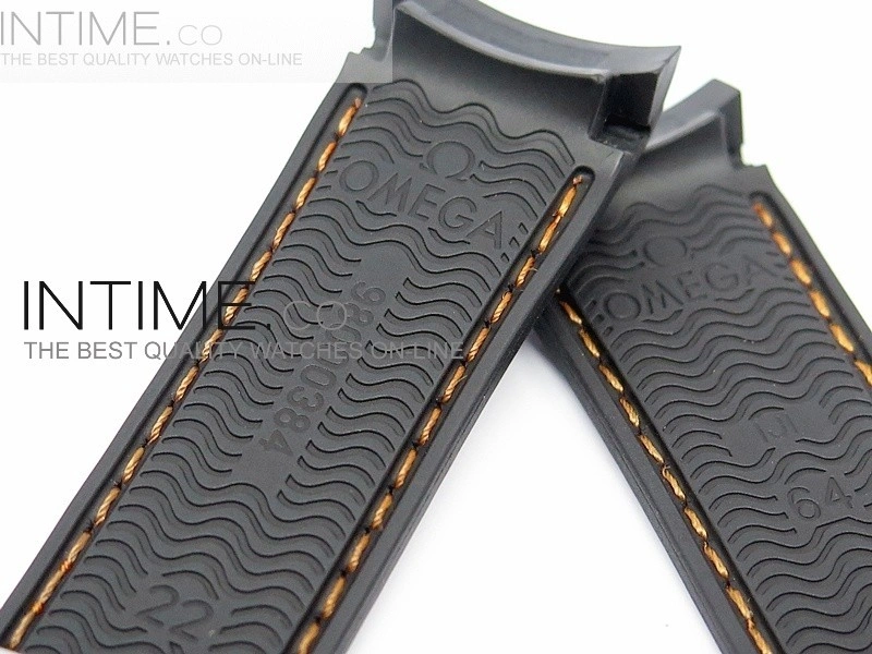 Rubber Strap For 45mm Ceramic Planet Ocean Black Orange Stitching