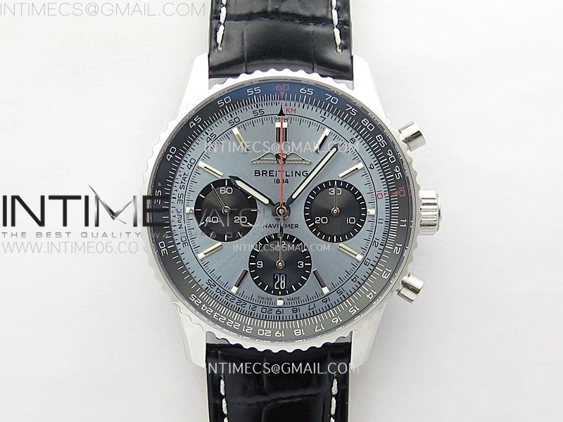 Navitimer B01 43mm SS BLSF 1:1 Best Edition Ice Blue Dial Black Subdials On Black Leather Strap A7750