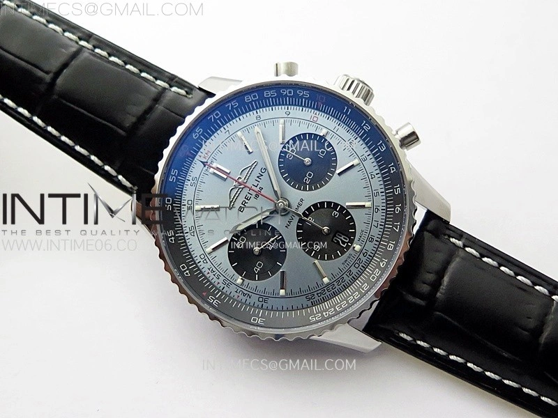 Navitimer B01 43mm SS BLSF 1:1 Best Edition Ice Blue Dial Black Subdials On Black Leather Strap A7750