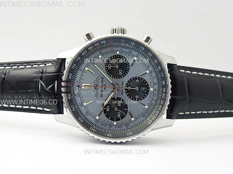 Navitimer B01 43mm SS BLSF 1:1 Best Edition Ice Blue Dial Black Subdials On Black Leather Strap A7750