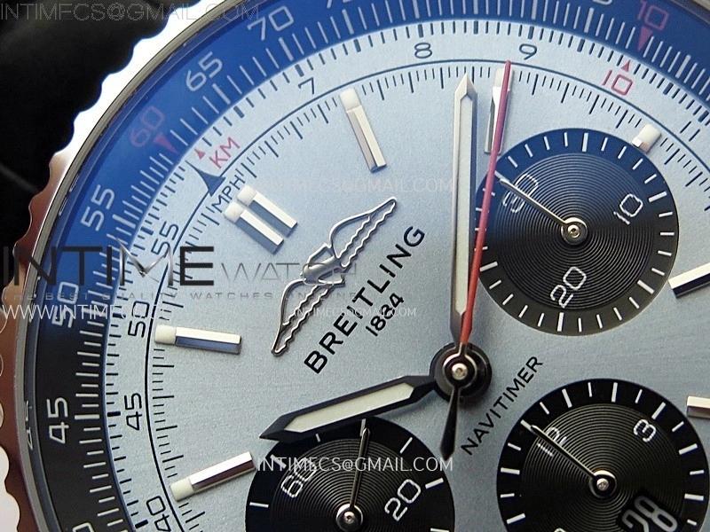 Navitimer B01 43mm SS BLSF 1:1 Best Edition Ice Blue Dial Black Subdials On Black Leather Strap A7750