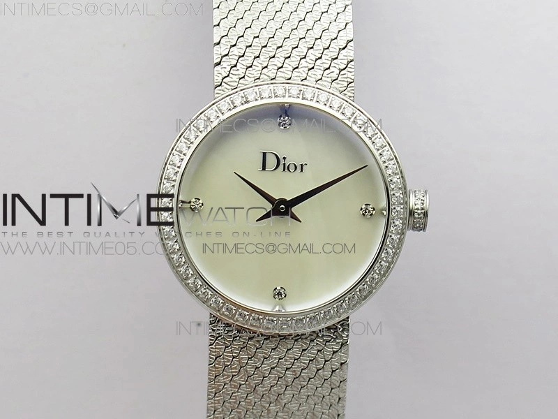 La D de dior Satine SS Crystal Bezel 8848F 1:1 Best Edition MOP White Dial on SS bracelet Swiss Quartz