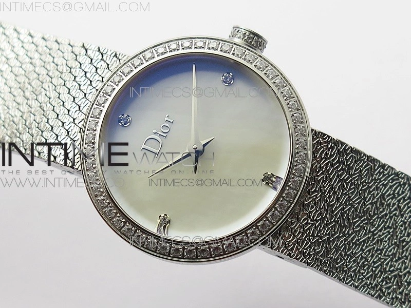 La D de dior Satine SS Crystal Bezel 8848F 1:1 Best Edition MOP White Dial on SS bracelet Swiss Quartz