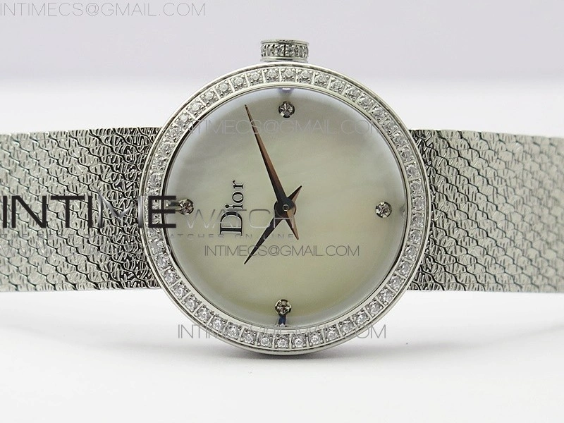 La D de dior Satine SS Crystal Bezel 8848F 1:1 Best Edition MOP White Dial on SS bracelet Swiss Quartz