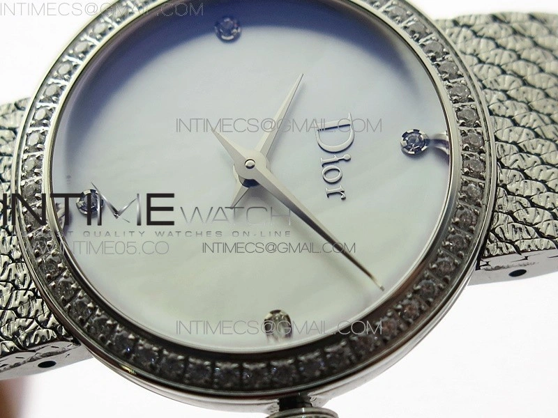 La D de dior Satine SS Crystal Bezel 8848F 1:1 Best Edition MOP White Dial on SS bracelet Swiss Quartz