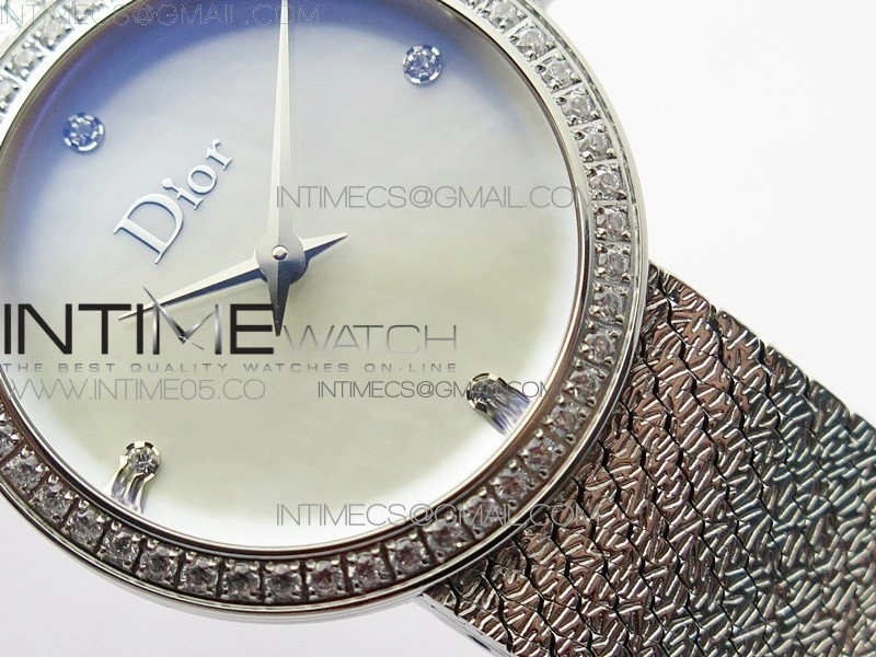 La D de dior Satine SS Crystal Bezel 8848F 1:1 Best Edition MOP White Dial on SS bracelet Swiss Quartz