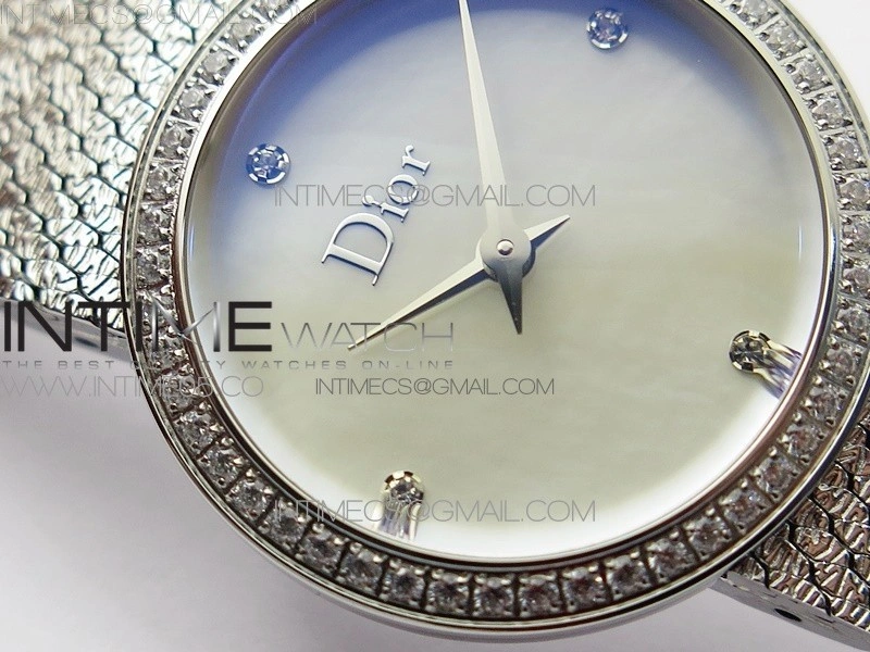 La D de dior Satine SS Crystal Bezel 8848F 1:1 Best Edition MOP White Dial on SS bracelet Swiss Quartz