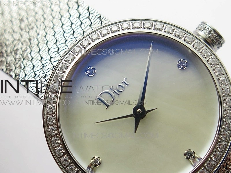 La D de dior Satine SS Crystal Bezel 8848F 1:1 Best Edition MOP White Dial on SS bracelet Swiss Quartz