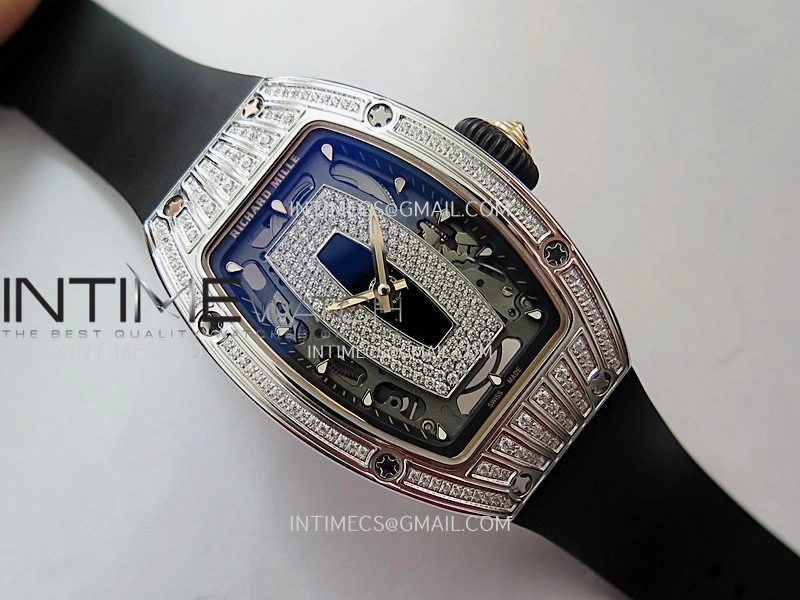 RM07 Paved Diamonds Bezel SS ZF Best Edition Diamonds Skeleton Dial On Black Rubber Strap Asian CRMA2 Clone