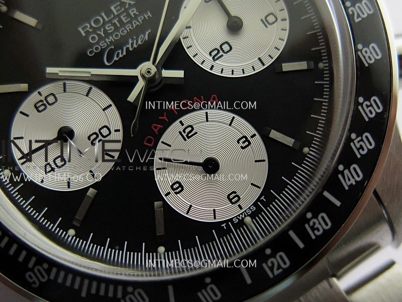 Daytona 6263 Cartier SS Black Bezel MSF Best Edition Black Dial Silver Subdials On SS Bracelet Venus 75