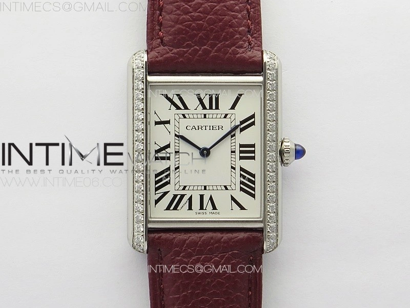 Tank Louis Ladies 25mm SS Crystal 8848F 1:1 Best Edition White Dial on Dark Red Leather Strap Ronda Quartz