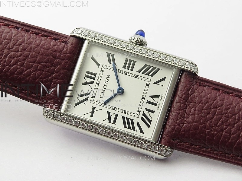 Tank Louis Ladies 25mm SS Crystal 8848F 1:1 Best Edition White Dial on Dark Red Leather Strap Ronda Quartz