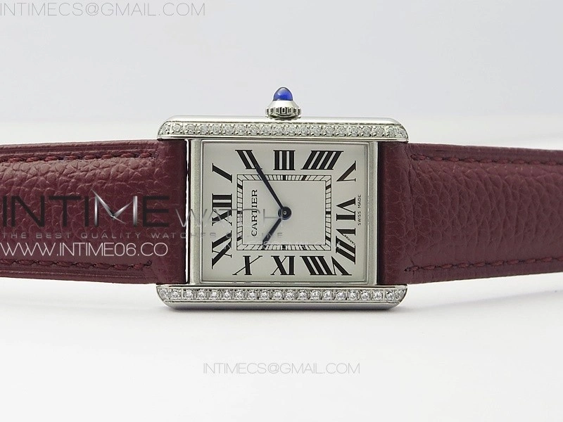 Tank Louis Ladies 25mm SS Crystal 8848F 1:1 Best Edition White Dial on Dark Red Leather Strap Ronda Quartz
