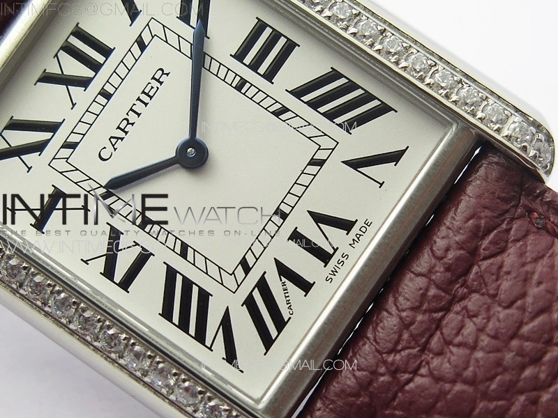 Tank Louis Ladies 25mm SS Crystal 8848F 1:1 Best Edition White Dial on Dark Red Leather Strap Ronda Quartz