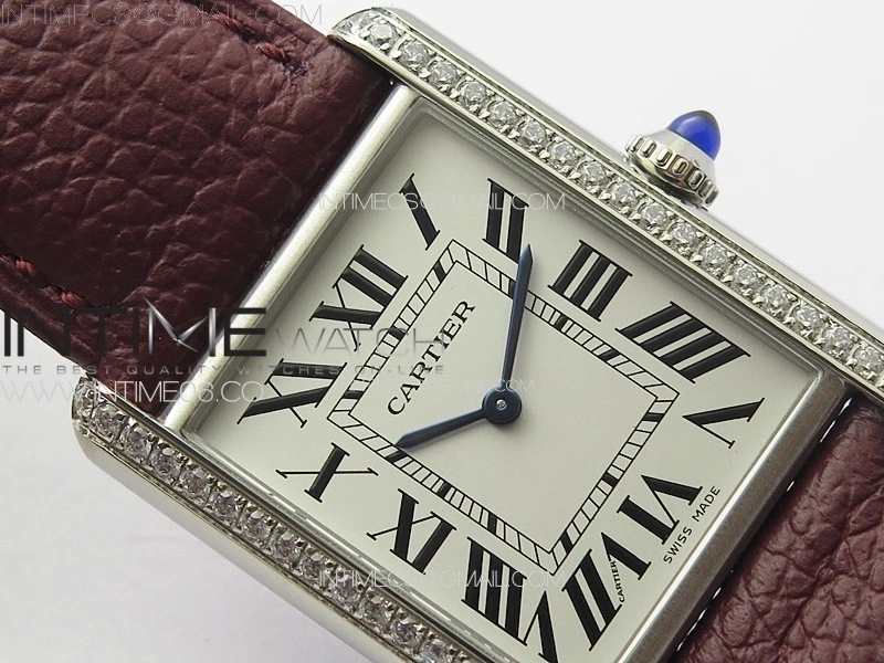 Tank Louis Ladies 25mm SS Crystal 8848F 1:1 Best Edition White Dial on Dark Red Leather Strap Ronda Quartz