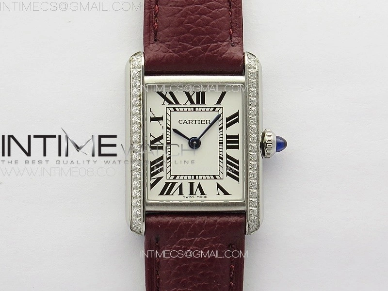 Tank Louis Ladies 22mm SS Crystal 8848F 1:1 Best Edition White Dial on Dark Red Leather Strap Ronda Quartz