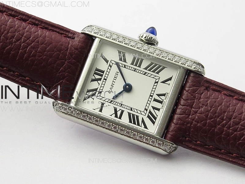 Tank Louis Ladies 22mm SS Crystal 8848F 1:1 Best Edition White Dial on Dark Red Leather Strap Ronda Quartz
