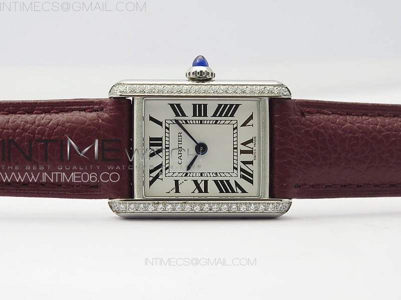 Tank Louis Ladies 22mm SS Crystal 8848F 1:1 Best Edition White Dial on Dark Red Leather Strap Ronda Quartz
