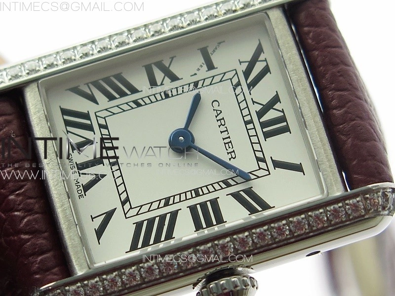 Tank Louis Ladies 22mm SS Crystal 8848F 1:1 Best Edition White Dial on Dark Red Leather Strap Ronda Quartz