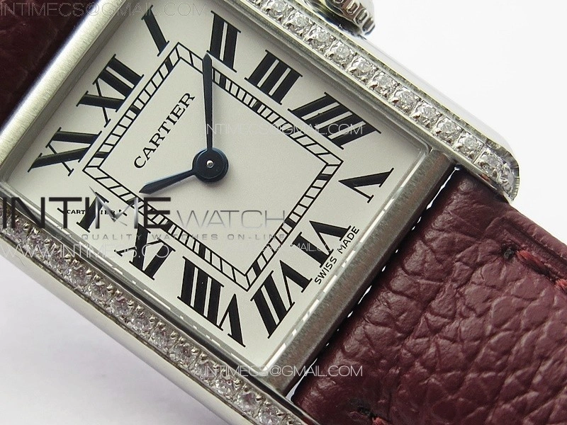 Tank Louis Ladies 22mm SS Crystal 8848F 1:1 Best Edition White Dial on Dark Red Leather Strap Ronda Quartz